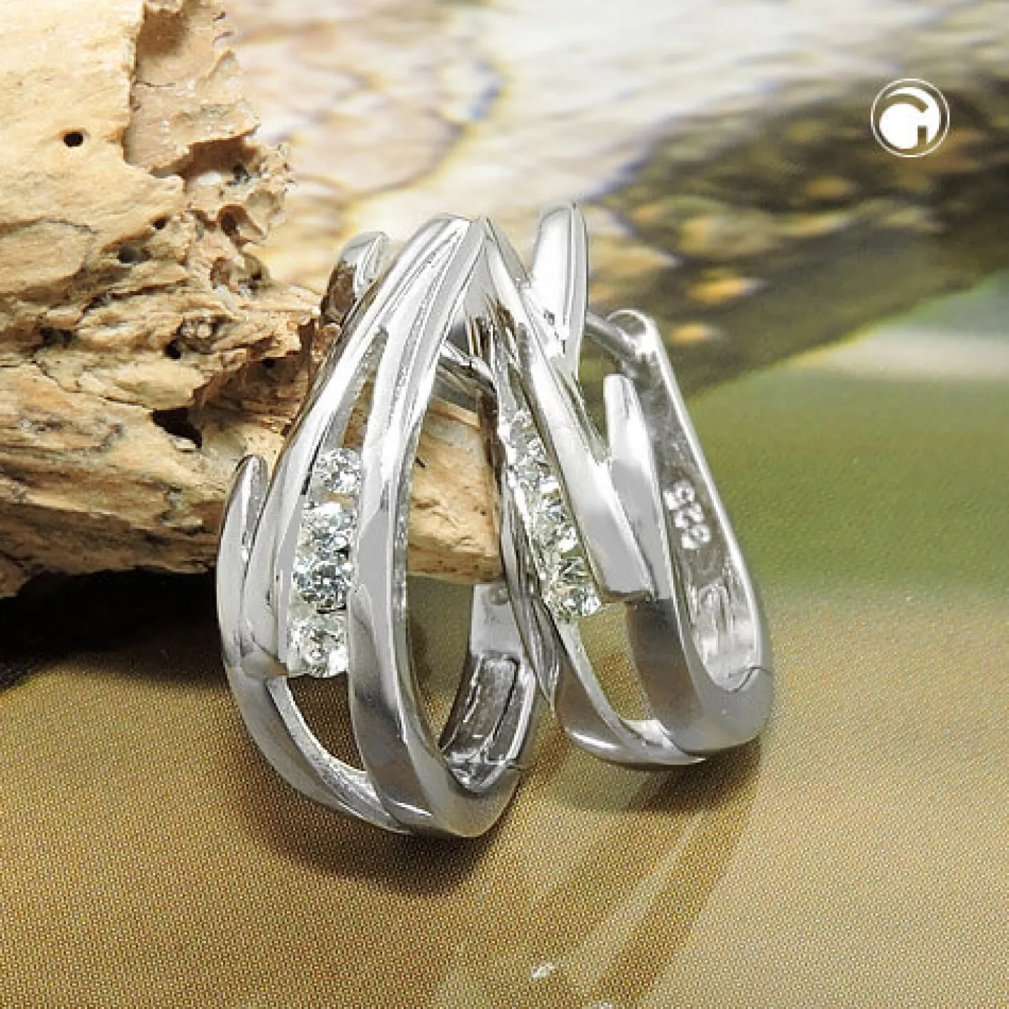 Paar Creolen 17x5mm mit Zirkonia aus 925 Silber matt-rhodiniert glänzend