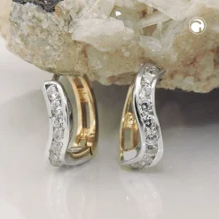 Paar Creolen 12x3mm Ohrringe Klappcreole mit Zirkonia, 375 Gold Gelbgold bicolor