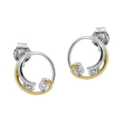 Paar kleine Ohrstecker Kreise mit Spiralen & Zirkonia 9mm 925 Silber bicolor