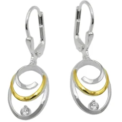 Paar Ohrhänger ovale Ohrringe 32x11mm mit Zirkonia aus 925 Silber teilvergoldet
