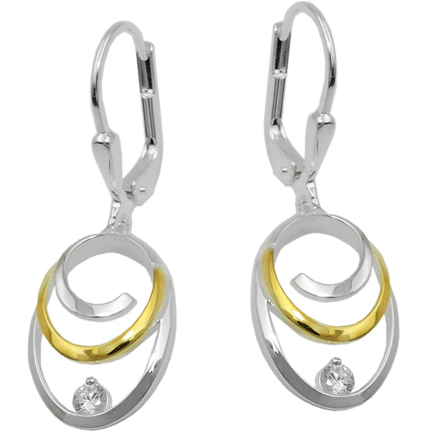 Paar Ohrhänger ovale Ohrringe 32x11mm mit Zirkonia aus 925 Silber teilvergoldet