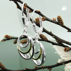 Paar Ohrhänger ovale Ohrringe 32x11mm mit Zirkonia aus 925 Silber teilvergoldet