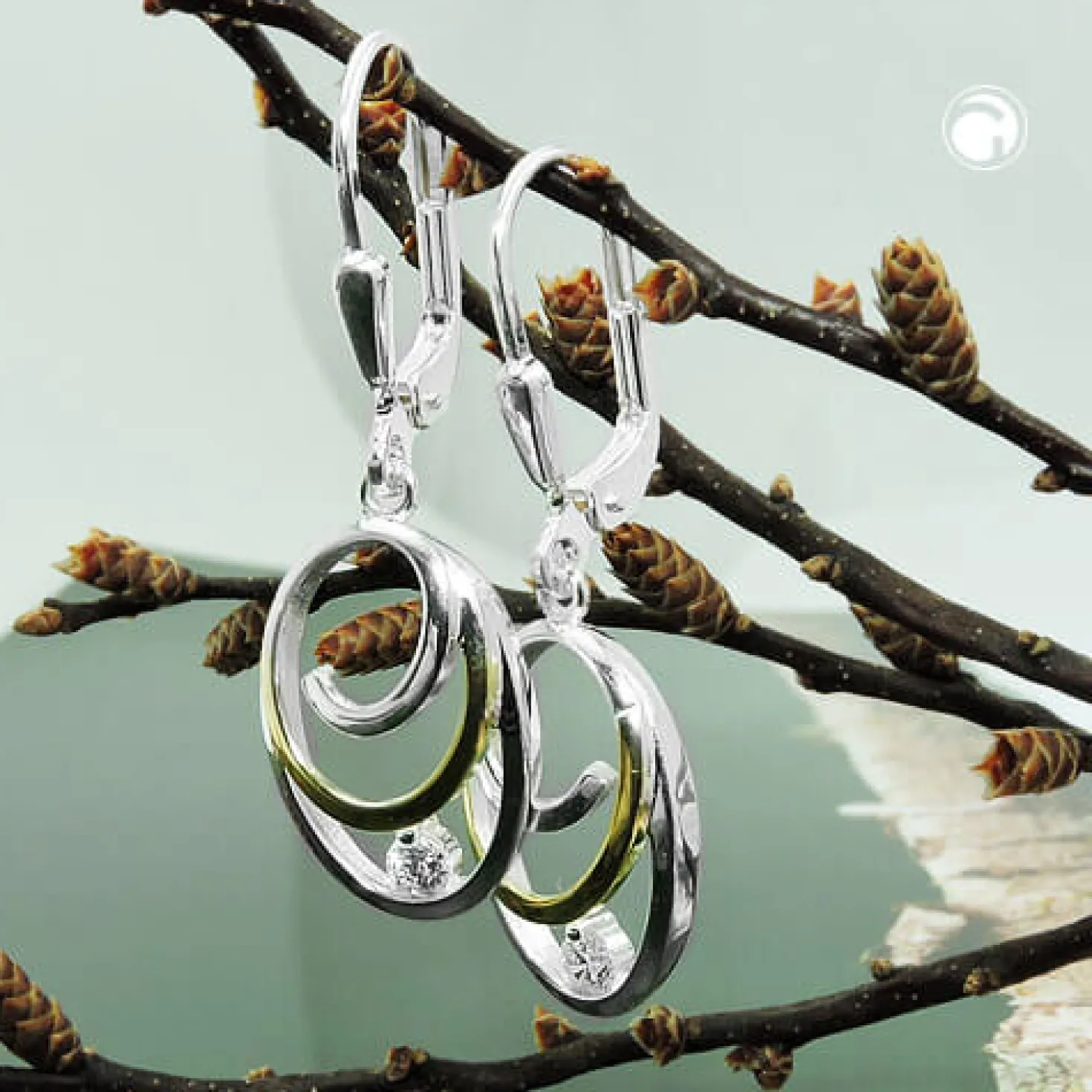 Paar Ohrhänger ovale Ohrringe 32x11mm mit Zirkonia aus 925 Silber teilvergoldet