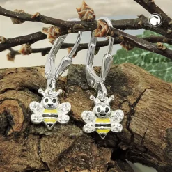Paar Ohrhänger 23x8mm Bienen gelb-schwarz lackiert Zirkonia 925 Silber Kinder