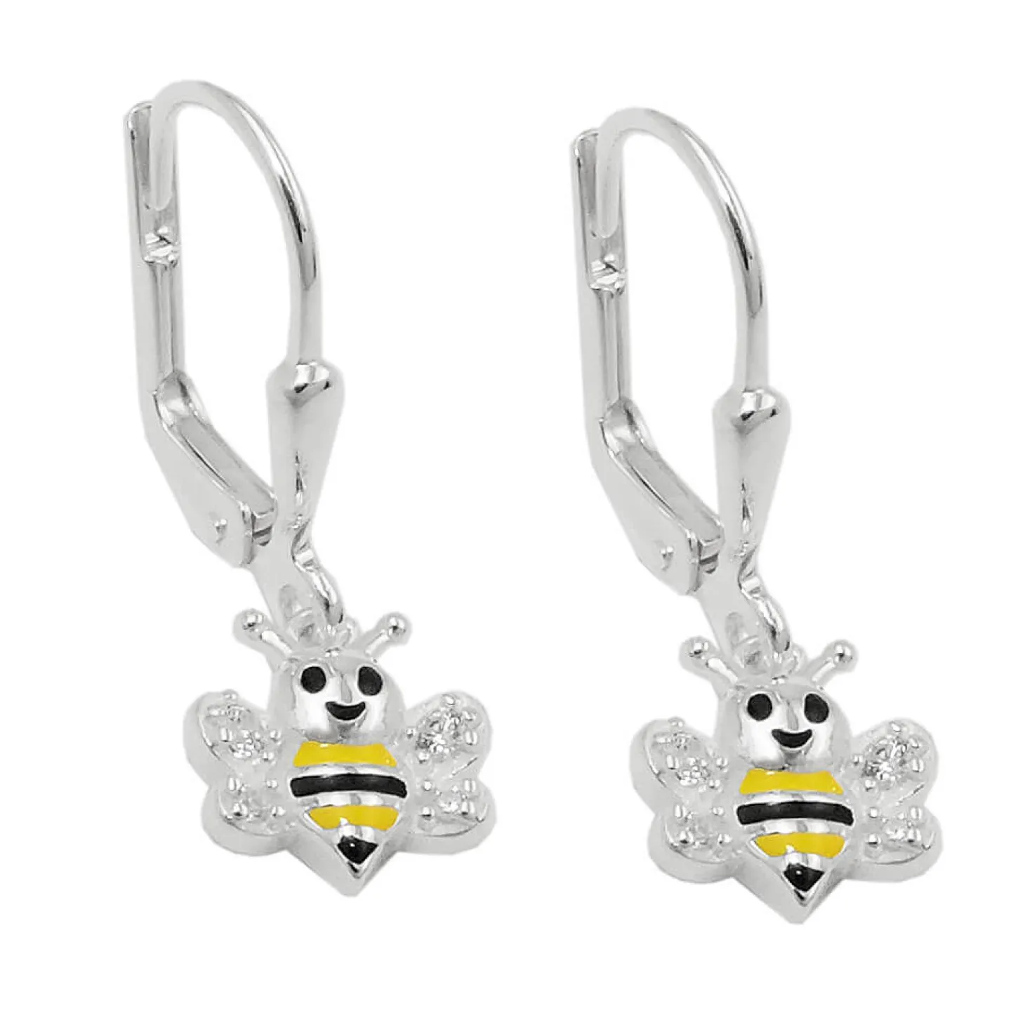 Paar Ohrhänger 23x8mm Bienen gelb-schwarz lackiert Zirkonia 925 Silber Kinder
