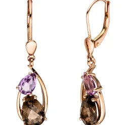 Paar Ohrhänger 8x31mm mit Rauchquarz braun & Amethyst lila Tropfen 585 Rotgold