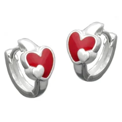 Paar Ohrringe Creole Creolen 11x2mm für Kinder Herz Herzen rot 925 Silber