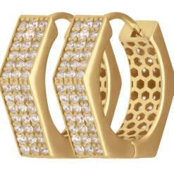Paar Ohrringe Creolen mit Zirkonia sechskant aus 585 Gold Gelbgold 15,5x4,3mm
