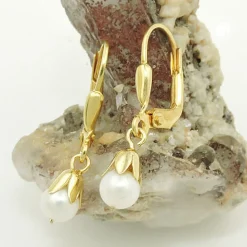 Paar Ohrringe Ohrhänger Brisur 25x5mm mit Süßwasserperlen 9Kt 375 Gold Gelbgold