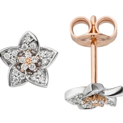 Paar Ohrstecker Blumen mit 40 Diamanten 0.14Ct 585 Gold Rotgold Weißgold