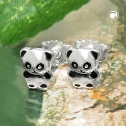 Paar Ohrstecker kleiner Pandabär 6x5mm glänzend schwarz lackiert 925 Silber Kinder