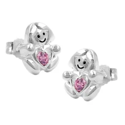 Paar Ohrstecker, Mädchen mit Herz, pink Zirkonia, 925 Silber, Kinder