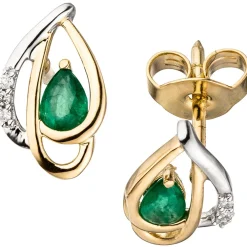 Paar Ohrstecker mit 6 Diamanten 0.02Ct grüne Smaragde Tropfenform 585 Gold
