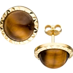 Paar Ohrstecker mit Tigerauge braun Halbkugel 585 Gold Gelbgold Ohrschmuck Damen