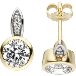 Paar Ohrstecker mit weißen Zirkonia, 375 Gold Gelbgold Solitär Goldohrstecker