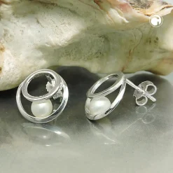 Paar Ohrstecker Ohrringe 11mm zwei Kreise mit Süßwasserperlen 925 Silber