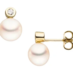 Paar Ohrstecker Ohrschmuck mit Süßwasser Perlen & Zirkonia 333 Gold Gelbgold