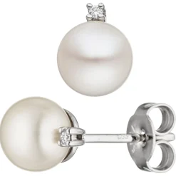Paar Ohrstecker 585 Weißgold mit Süßwasser Zuchtperlen & Diamanten 0.02Ct