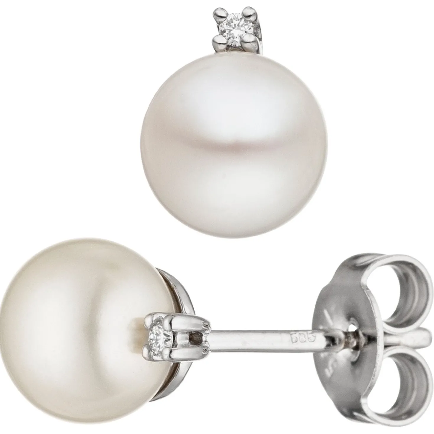 Paar Ohrstecker 585 Weißgold mit Süßwasser Zuchtperlen & Diamanten 0.02Ct