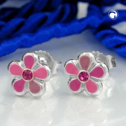 Paar Stecker Ohrstecker Blume Blumen pink lackiert, 925 Silber, Kinder