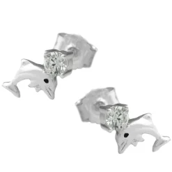 Paar Stecker Ohrstecker, Delfin Delfine, mit Zirkonia, 925 Echt Silber