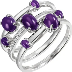 Ring 7 Amethyste lila & 9 Zirkonia weiß 3-reihig 925 Silber rhodiniert B: 12,3mm