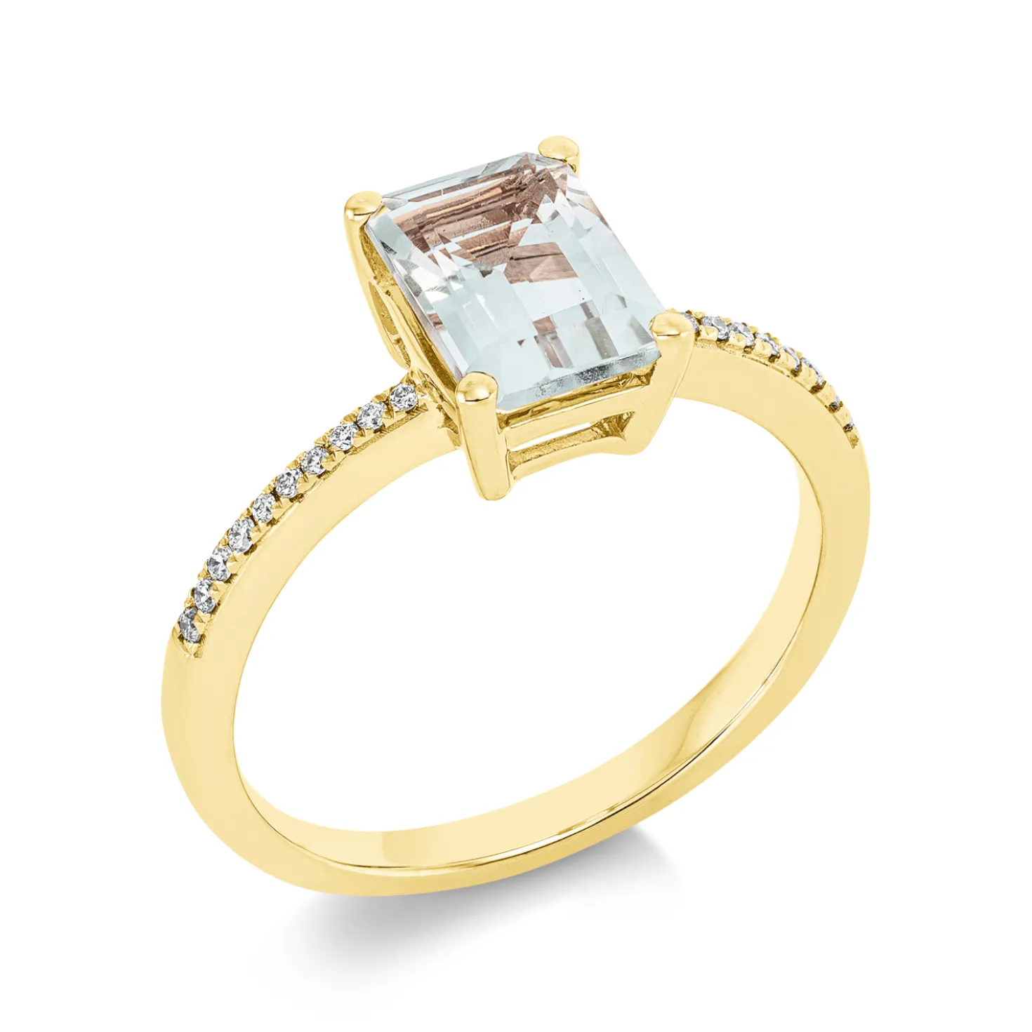 Ring aus 750 Gelbgold Amethyst 1,41ct grün 20 Brillanten 0,07ct TW-SI B:8,3mm