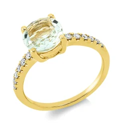 Ring aus 750 Gelbgold Amethyst 1,54ct grün 12 Brillanten 0,19ct TW-SI B:8,1mm
