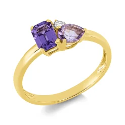 Ring aus 750 Gelbgold 2 Amethyste 0,86ct pink Brillant 0,05ct TW-SI B:6,4mm