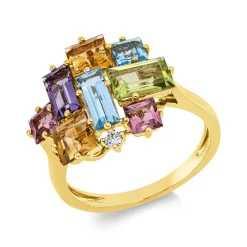 Ring aus 750 Gelbgold 8 Farbsteine 3,7ct mehrfarbig Brillant 0,04ct TW-SI B:14,8mm