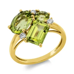 Ring aus 750 Gelbgold 3 Peridote 4,7ct grün 3 Brillanten 0,15ct TW-SI B:15,3mm