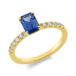 Ring aus 750 Gelbgold Saphir 1,1ct blau 12 Brillanten 0,25ct TW-SI B:5,4mm