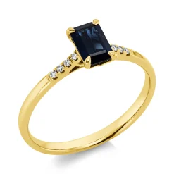 Ring aus 750 Gelbgold Saphir 0,65ct blau 8 Brillanten 0,04ct TW-SI B:6,4mm