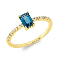 Ring aus 750 Gelbgold Topas 0,72ct London Blue 18 Brillanten 0,1ct TW-SI B:6,6mm