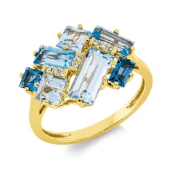 Ring aus 750 Gelbgold 7 Topase 3,3ct London Blue 8 Brillanten 0,05ct TW-SI B:13,4mm