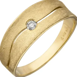 Ring aus 585 Gold Gelbgold eismatt flach mit Diamant Brillant 0,06Ct