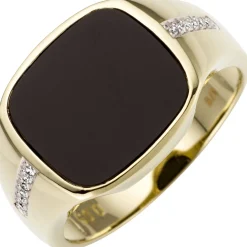 Ring aus 585 Gold Gelbgold mit 12 Brillanten 0.05Ct & Onyx schwarz flach