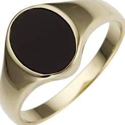 Ring aus 585 Gold Gelbgold mit Onyx schwarz oval flach Goldring Unisex