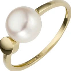 Ring aus 585 Gold Gelbgold mit Süßwasser Perle weiß Perlenring Fingerring Damen