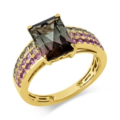 Ring aus 750 Gold Gelbgold 43 Saphire 3,7ct grün B:9,7mm 4er-Krappe