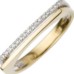 Ring aus 585 Gold Gelbgold & Weißgold 16 Diamanten 0.08Ct 2-reihig