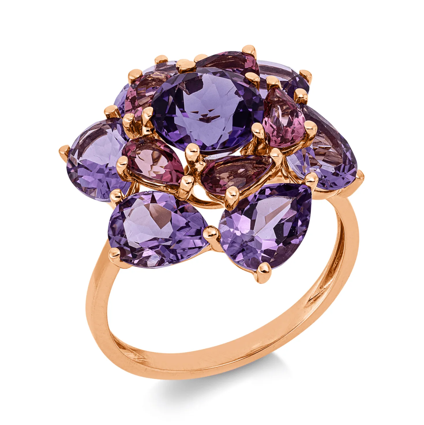 Ring aus 750 Gold Rotgold 12 Amethyste 6,2ct pink B:20,1mm