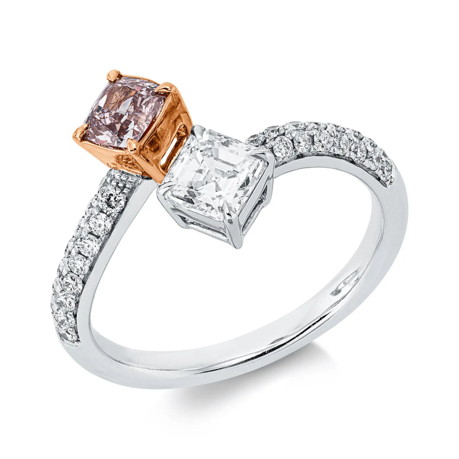 Ring aus 750 Gold weiß/rot 34 Diamanten 1,29ct TW-SI B:12,5mm 4er-Krappe