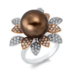 Ring aus 750 Gold weiß/rot Tahiti-Perle 12,5mm braun 120 Brillanten 0,72ct F-VSI