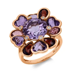 Ring aus 750 Rotgold 11 Granate 9,5ct rot 6 Brillanten 0,05ct TW-PI B:22mm