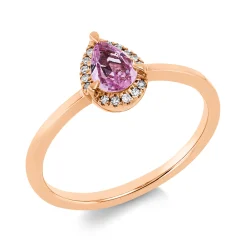 Ring aus 750 Rotgold Saphir 0,32ct pink 15 Diamanten 0,04ct TW-SI B:8mm 3er-Krappe