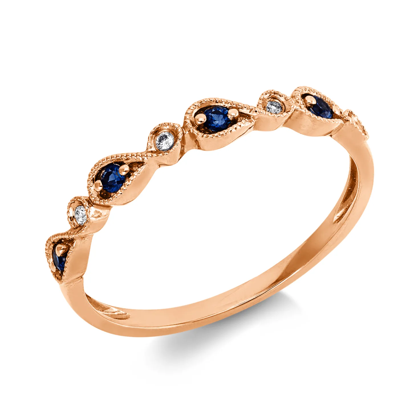 Ring aus 750 Rotgold 4 Saphire 0,09ct blau 4 Brillanten 0,02ct TW-SI B:2,8mm