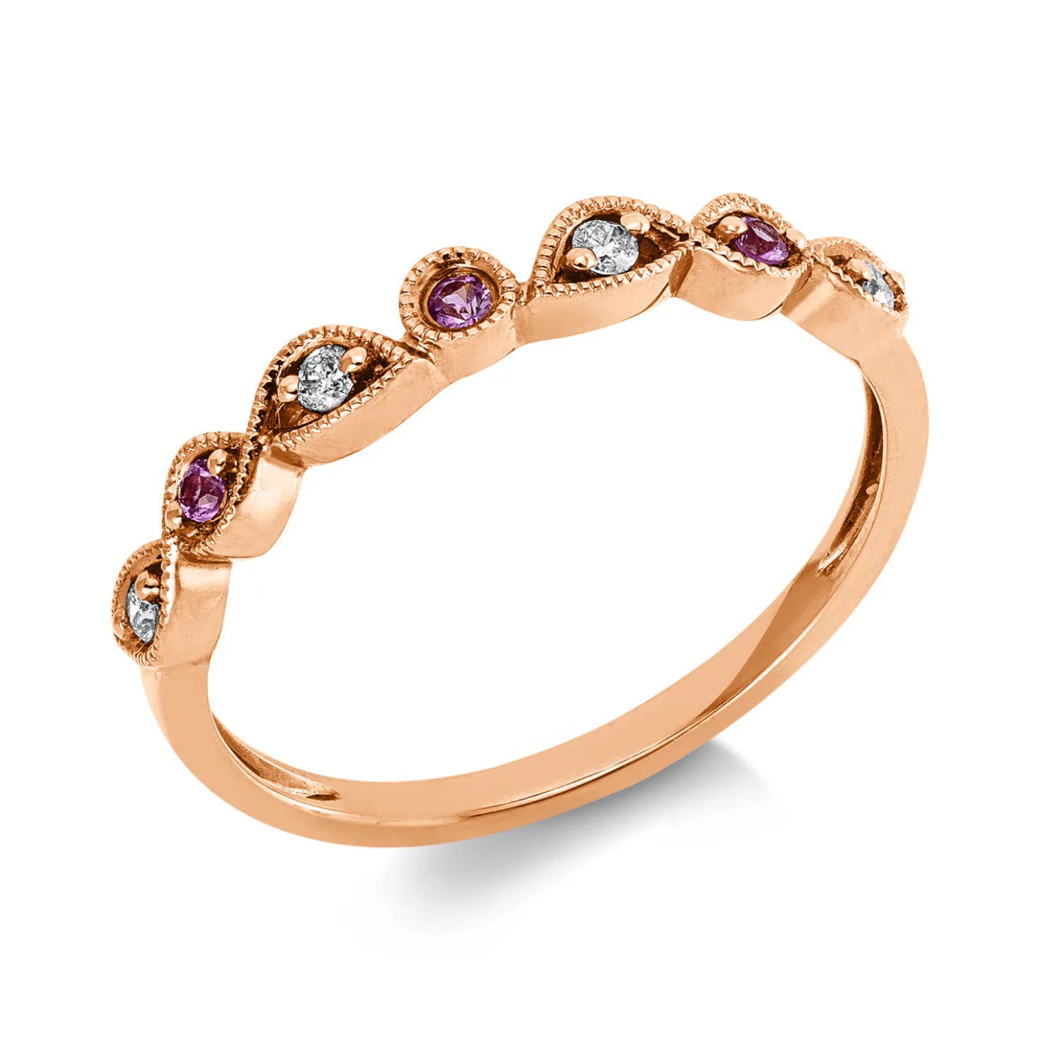 Ring aus 750 Rotgold 3 Saphire 0,05ct pink 4 Brillanten 0,06ct TW-SI B:2,9mm