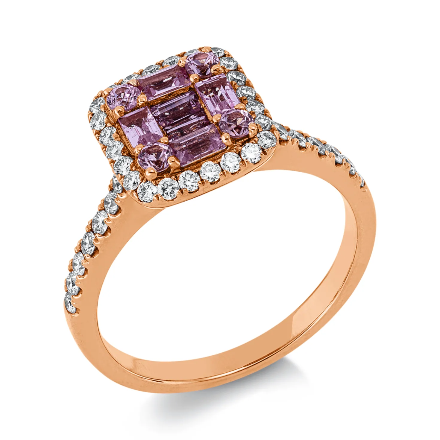 Ring aus 750 Rotgold 10 Saphire 0,85ct pink 38 Brillanten 0,43ct TW-VSI/SI B:10,6mm