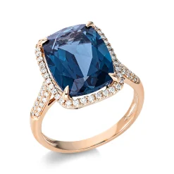 Ring aus 750 Rotgold Topas 8,8ct London Blue 76 Brillanten 0,38ct TW-SI B:16mm
